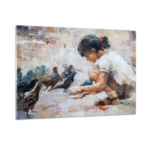 Glasbild - Bild auf glas - Ein Mädchen, das Vögel füttert, vor einem impressionistischen Hintergrund - 120x80cm - Die Kleinen und die Schönsten - Moderne Wanddekoration für Wohnzimmer und Schlafzimmer ARTTOR