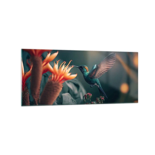 Glasbild - Bild auf glas - Ein bunter Kolibri neben Blumen vor einem natürlichen Hintergrund - 120x50cm - Wirklich buntes Leben - Moderne Wanddekoration für Wohnzimmer und Schlafzimmer ARTTOR