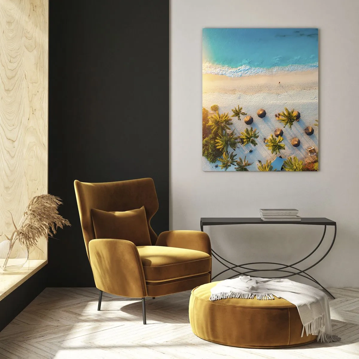 Glasbild - Bild auf glas - Blick auf einen tropischen Strand mit Palmen und türkisfarbenem Meer - 70x100cm - Willkommen im Paradies - Moderne Wanddekoration für Wohnzimmer und Schlafzimmer ARTTOR
