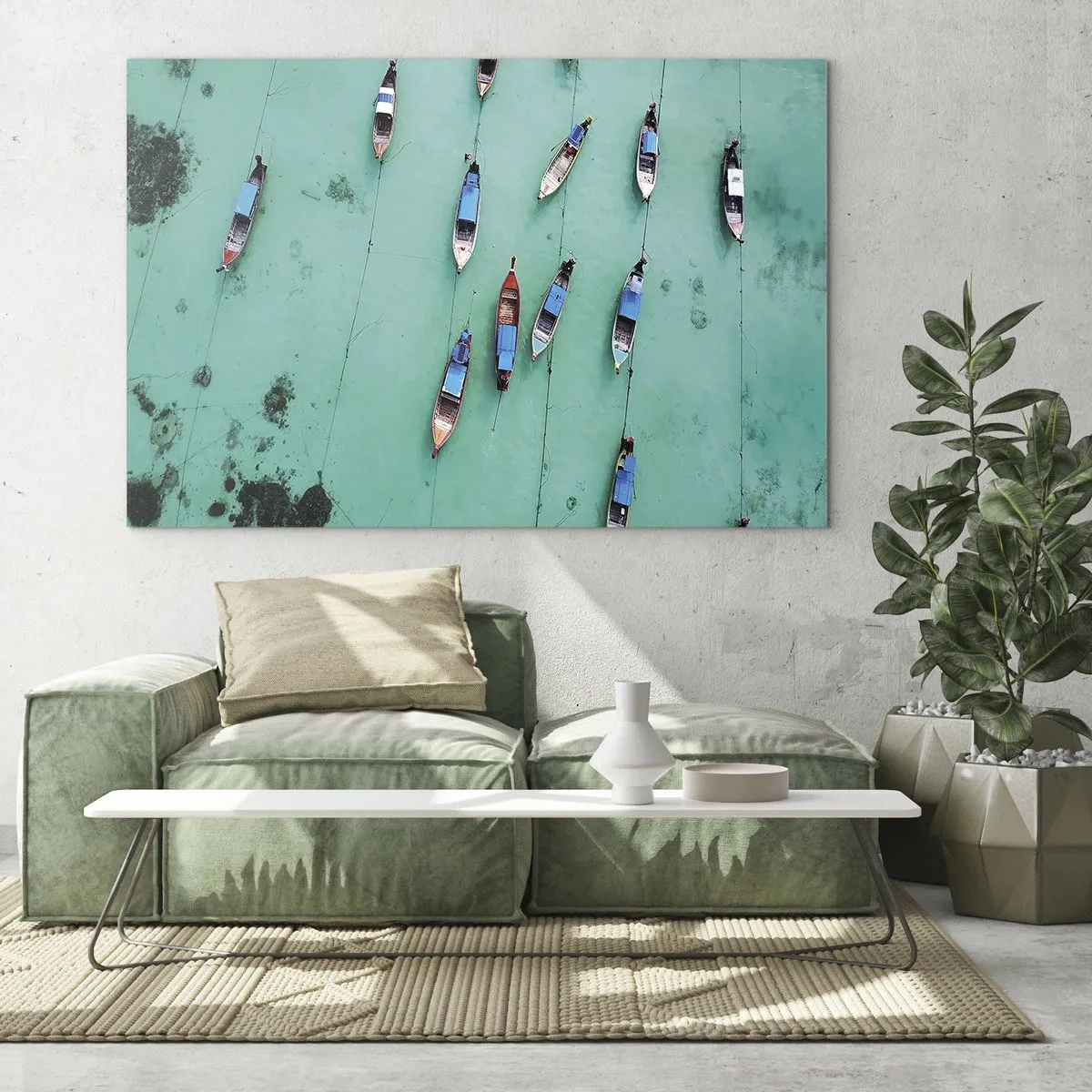 Glasbild - Bild auf glas - Boote auf türkisfarbenem Wasser von oben gesehen - 70x50cm - In freudiger Erwartung - Moderne Wanddekoration für Wohnzimmer und Schlafzimmer ARTTOR