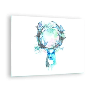 Glasbild - Bild auf glas - Illustration eines Hirsches mit Schmetterlingen auf seinem Geweih - 70x50cm - Die Kraft und Feinheit der Natur - Moderne Wanddekoration für Wohnzimmer und Schlafzimmer ARTTOR
