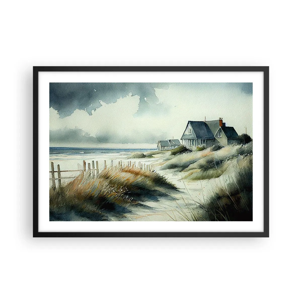 Poster in einem schwarzem Rahmen - Ein Haus am Meer, umgeben von Gras und mit Blick auf das Meer - 70x50cm - Abseits vom Trubel - Moderne Wanddekoration für Wohnzimmer und Schlafzimmer ARTTOR