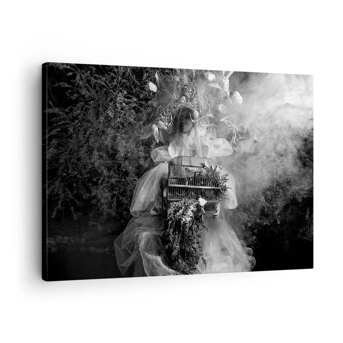 Bild auf Leinwand - Leinwandbild - Eine Schwarz-Weiß-Komposition mit einer Figur in einem Kleid und einem Käfig im Nebel. - 70x50cm - Mutter selbst - Natur - Moderne Wanddekoration für Wohnzimmer und Schlafzimmer ARTTOR