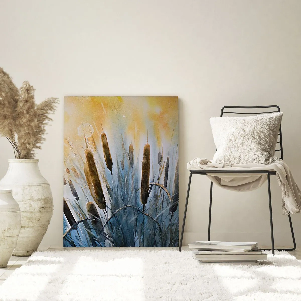 Glasbild - Bild auf glas - Bemalte Rohrkolben vor einem sonnigen Himmel - 50x70cm - Die Kälte des Wassers, die Hitze der Sonne - Moderne Wanddekoration für Wohnzimmer und Schlafzimmer ARTTOR