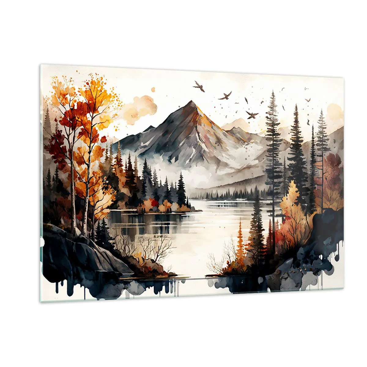 Glasbild - Bild auf glas - Herbstliche Berglandschaft mit See und Wald - 120x80cm - Goldener Herbst in den Bergen - Moderne Wanddekoration für Wohnzimmer und Schlafzimmer ARTTOR