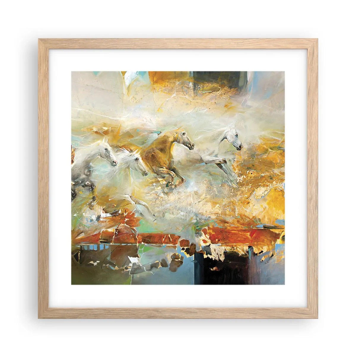 Poster in einem Rahmen aus heller Eiche - Im Galopp durch das Licht - 40x40 cm