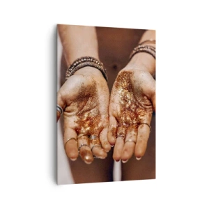 Bild auf Leinwand - Leinwandbild - Nahaufnahme von Händen mit Glitzer in warmen Farbtönen - 70x100cm - Ein Geschenk für dich - Moderne Wanddekoration für Wohnzimmer und Schlafzimmer ARTTOR