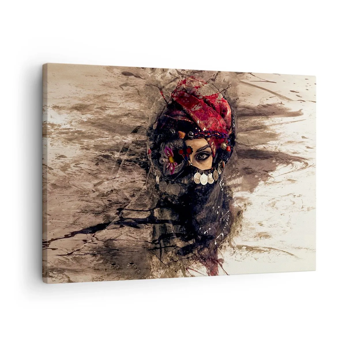Bild auf Leinwand - Leinwandbild - Künstlerisches Porträt einer Frau in orientalischer Kleidung vor abstraktem Hintergrund. - 70x50cm - Gelinde gesagt besorgniserregend - Moderne Wanddekoration für Wohnzimmer und Schlafzimmer ARTTOR
