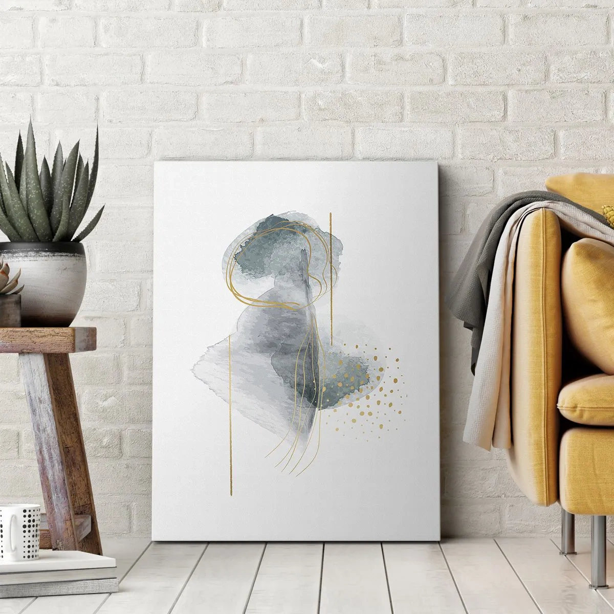 Bild auf Leinwand - Leinwandbild - Eine abstrakte Komposition in Türkis- und Goldtönen. - 50x70cm - Über das Verhältnis von Grau und Gold - Moderne Wanddekoration für Wohnzimmer und Schlafzimmer ARTTOR