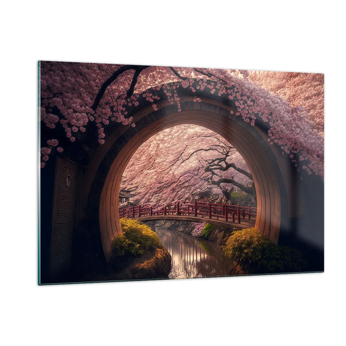 Glasbild - Bild auf glas - Kirschblüten und eine japanische Brücke durch das runde Tor gesehen - 120x80cm - Japanischer Frühling - Moderne Wanddekoration für Wohnzimmer und Schlafzimmer ARTTOR