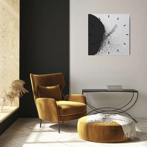 Wanduhr - Glasuhr - Abstraktes Muster mit schwarzen Partikeln auf hellem Hintergrund - 30x30cm - Bewegung von Molekülen - Moderne Wanddekoration für Wohnzimmer und Schlafzimmer ARTTOR