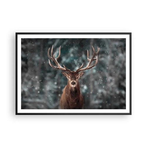 Poster in einem schwarzem Rahmen - Hirsche in einem Winterwald mit fallendem Schnee - 100x70cm - Gekrönter König des Waldes - Moderne Wanddekoration für Wohnzimmer und Schlafzimmer ARTTOR