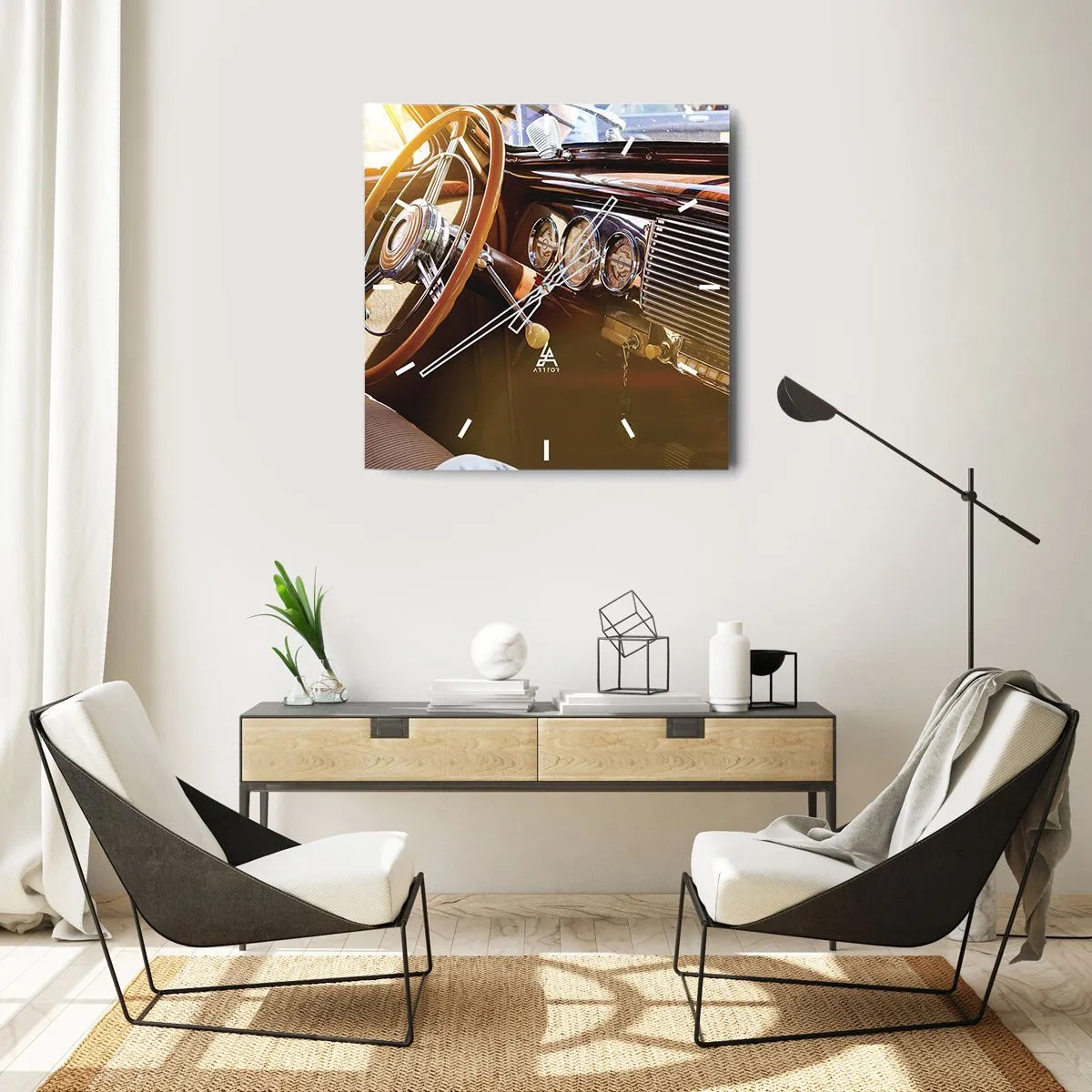 Wanduhr - Glasuhr - Nahaufnahme des Innenraums eines Oldtimers mit Holz- und Chromdetails. - 30x30cm - Ein Hauch von Luxus aus der Vergangenheit - Moderne Wanddekoration für Wohnzimmer und Schlafzimmer ARTTOR