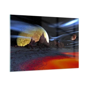 Glasbild - Bild auf glas - Außerirdische Landschaft mit einem Planeten und einem bunten Himmel - 100x70cm - Unbekannte Welt - Moderne Wanddekoration für Wohnzimmer und Schlafzimmer ARTTOR