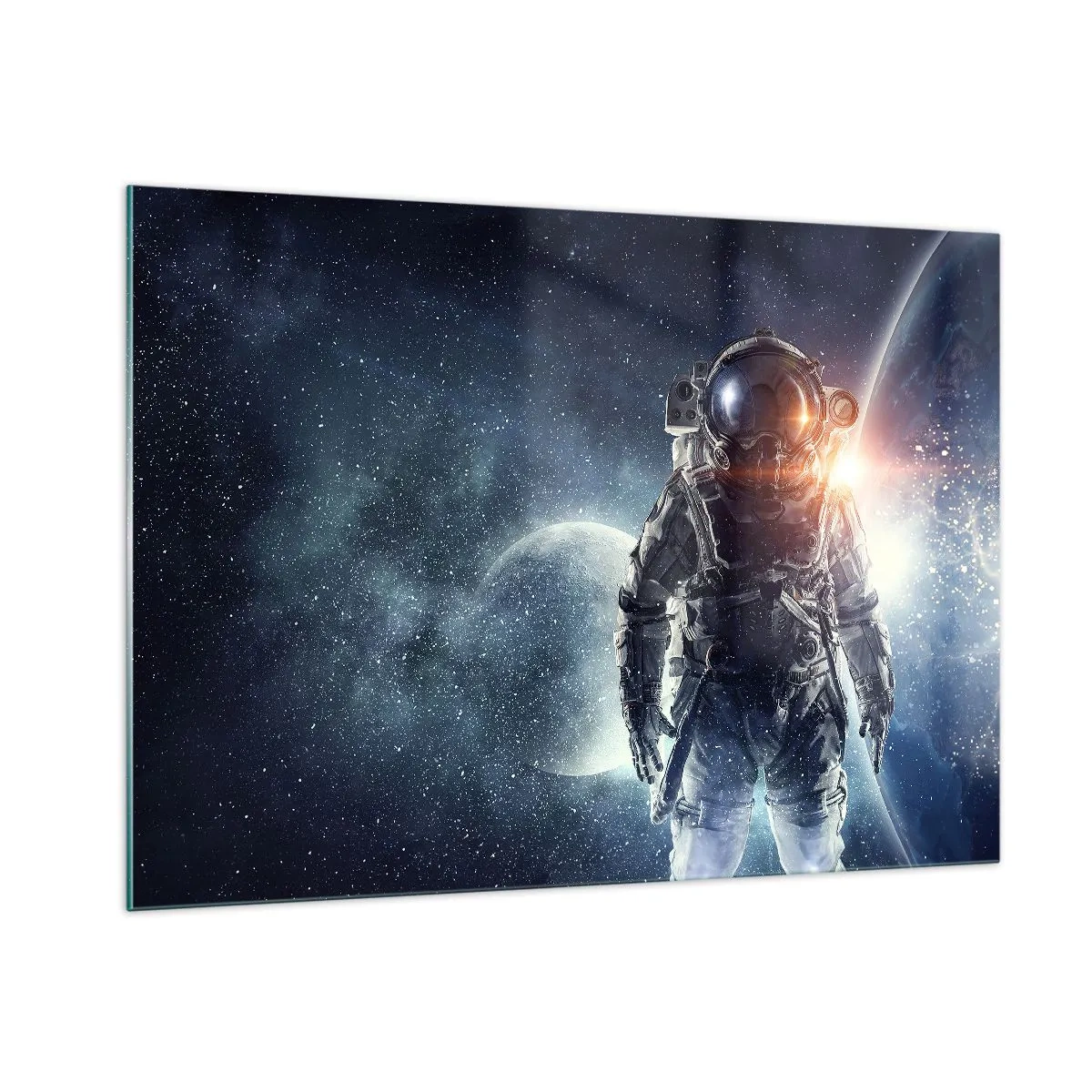 Glasbild - Bild auf glas - Astronaut vor dem Hintergrund von Planeten und Sternen - 100x70cm - Weltraumabenteuer - Moderne Wanddekoration für Wohnzimmer und Schlafzimmer ARTTOR