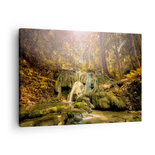 Bild auf Leinwand - Leinwandbild - Ein Waldwasserfall in den Sonnenstrahlen, umgeben von Grün - 70x50cm - Waldkaskade im Grünen - Moderne Wanddekoration für Wohnzimmer und Schlafzimmer ARTTOR