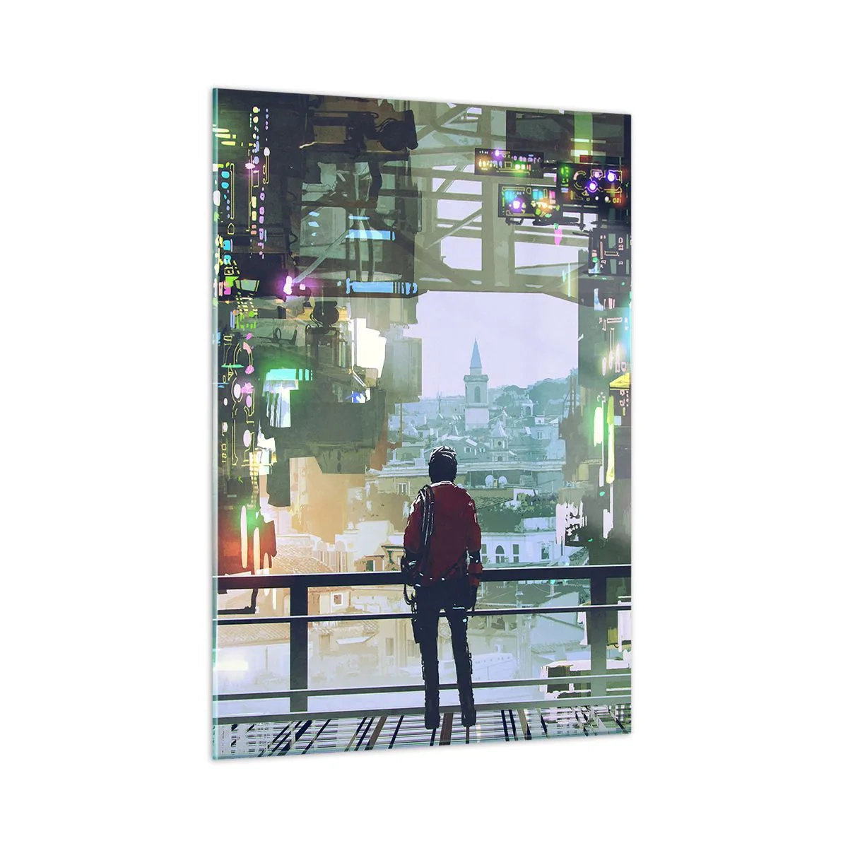 Glasbild - Bild auf glas - Eine Figur vor dem Hintergrund einer futuristischen Stadt mit Blick auf die Altstadt - 50x70cm - Zwei Welten - Moderne Wanddekoration für Wohnzimmer und Schlafzimmer ARTTOR