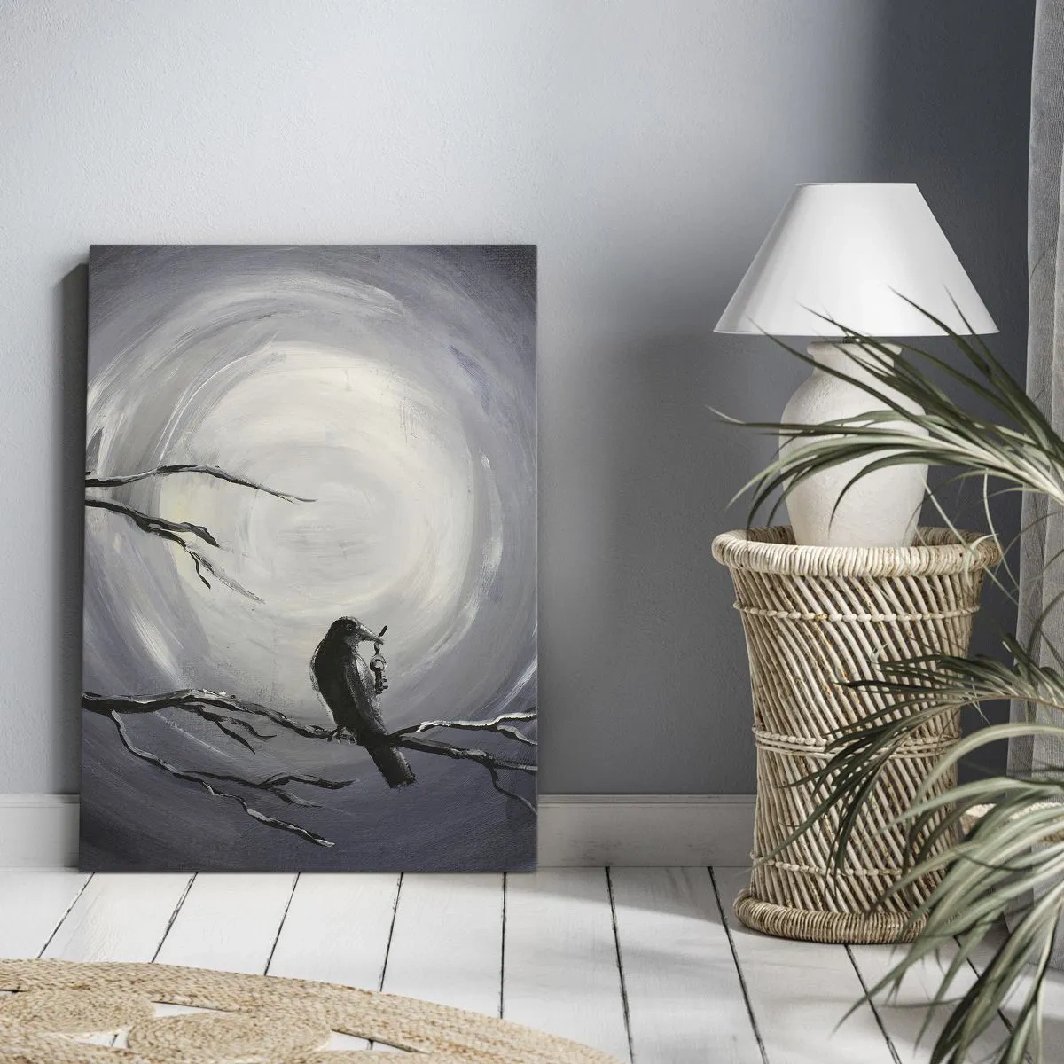 Bild auf Leinwand - Leinwandbild - Schwarzer Vogel auf einem Ast im Mondlicht - 50x70cm - Der Schlüssel zum Geheimnis der Nacht - Moderne Wanddekoration für Wohnzimmer und Schlafzimmer ARTTOR