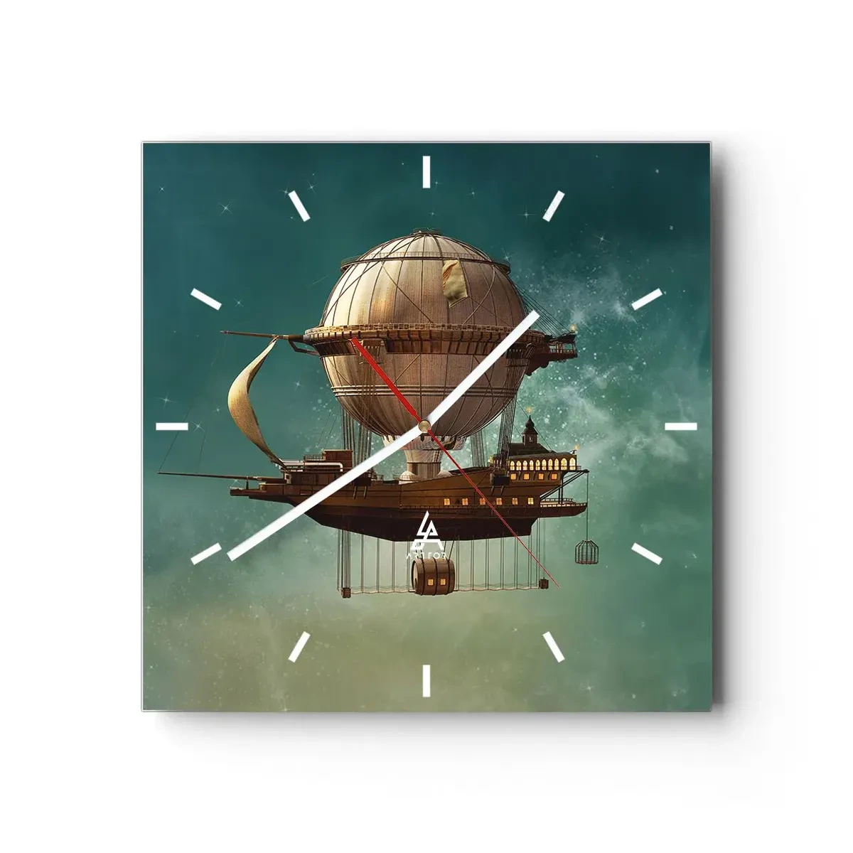 Wanduhr - Glasuhr - Ein fantastisches Luftschiff vor dem grünlichen Himmel - 30x30cm - Jules Verne sagt Hallo - Moderne Wanddekoration für Wohnzimmer und Schlafzimmer ARTTOR