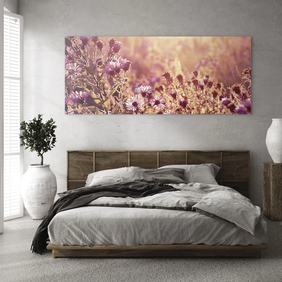 Glasbild - Bild auf glas - Wiese im Licht der untergehenden Sonne - 160x50cm - Bevor der Sommer vorbei ist - Moderne Wanddekoration für Wohnzimmer und Schlafzimmer ARTTOR