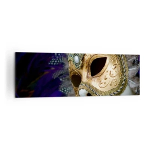Bild auf Leinwand - Leinwandbild - Goldene venezianische Maske mit dekorativen Federn und Ornamenten - 160x50cm - Venezianisches Porträt in Gold - Moderne Wanddekoration für Wohnzimmer und Schlafzimmer ARTTOR