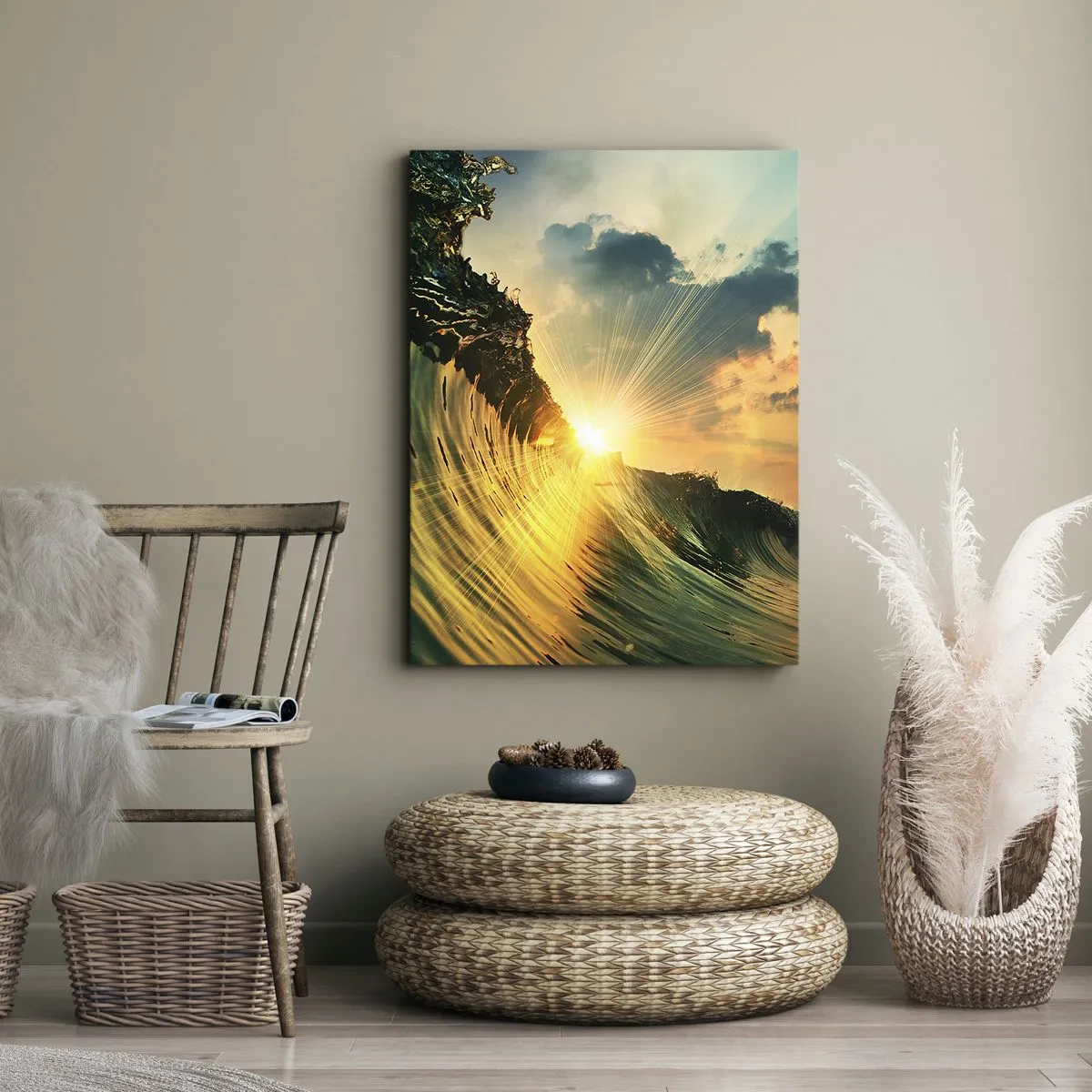 Bild auf Leinwand - Leinwandbild - Eine Welle mit untergehender Sonne und beleuchteten Wolken - 50x70cm - Surfer, wo bist du? - Moderne Wanddekoration für Wohnzimmer und Schlafzimmer ARTTOR