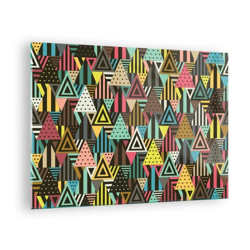 Glasbild - Bild auf glas - Eine abstrakte Komposition mit Dreiecken in intensiven Farben. - 70x50cm - Im Rhythmus auf drei - Moderne Wanddekoration für Wohnzimmer und Schlafzimmer ARTTOR