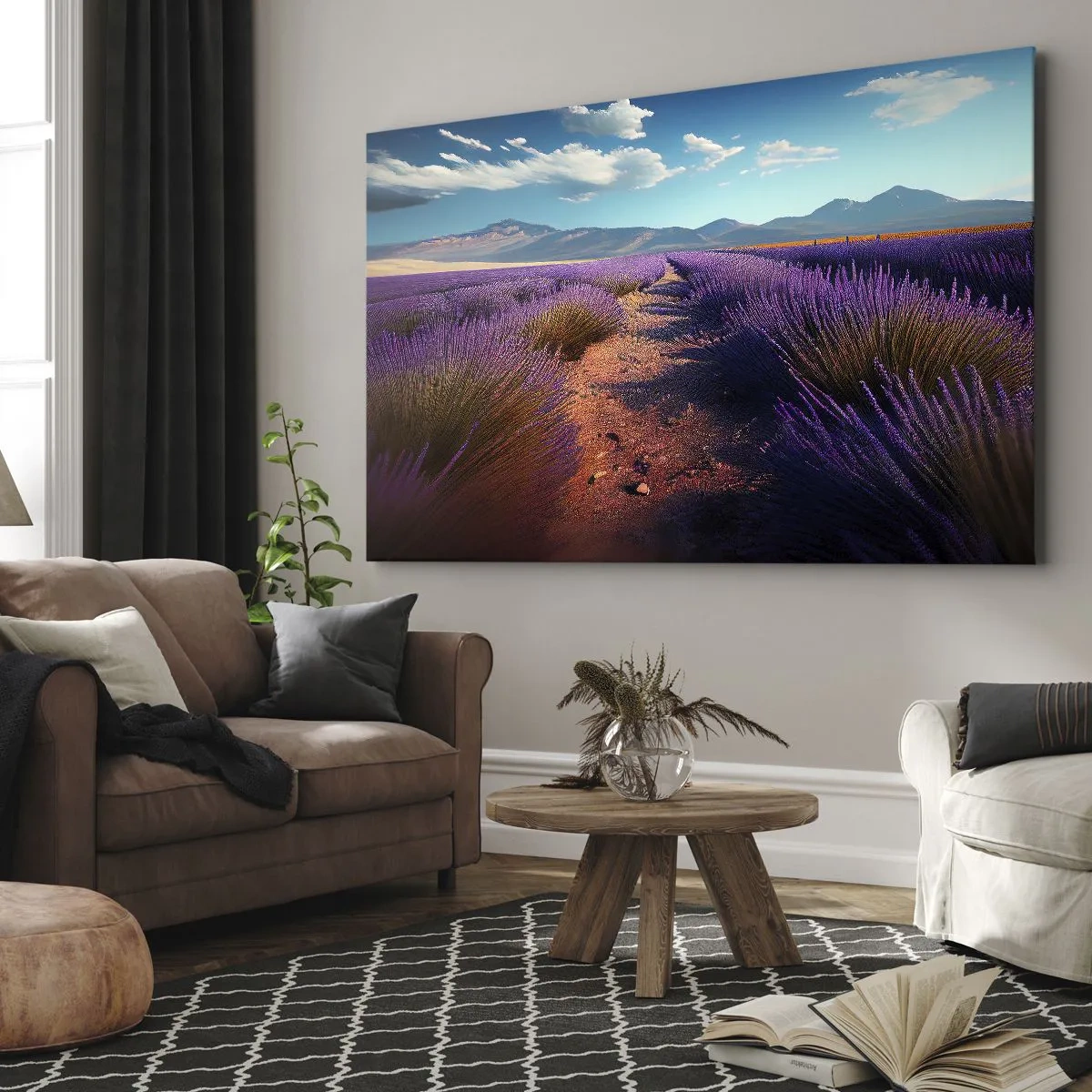 Bild auf Leinwand - Leinwandbild - Ein Lavendelfeld mit Blick auf die Berge und den blauen Himmel - 100x70cm - Duftende Felder - Moderne Wanddekoration für Wohnzimmer und Schlafzimmer ARTTOR