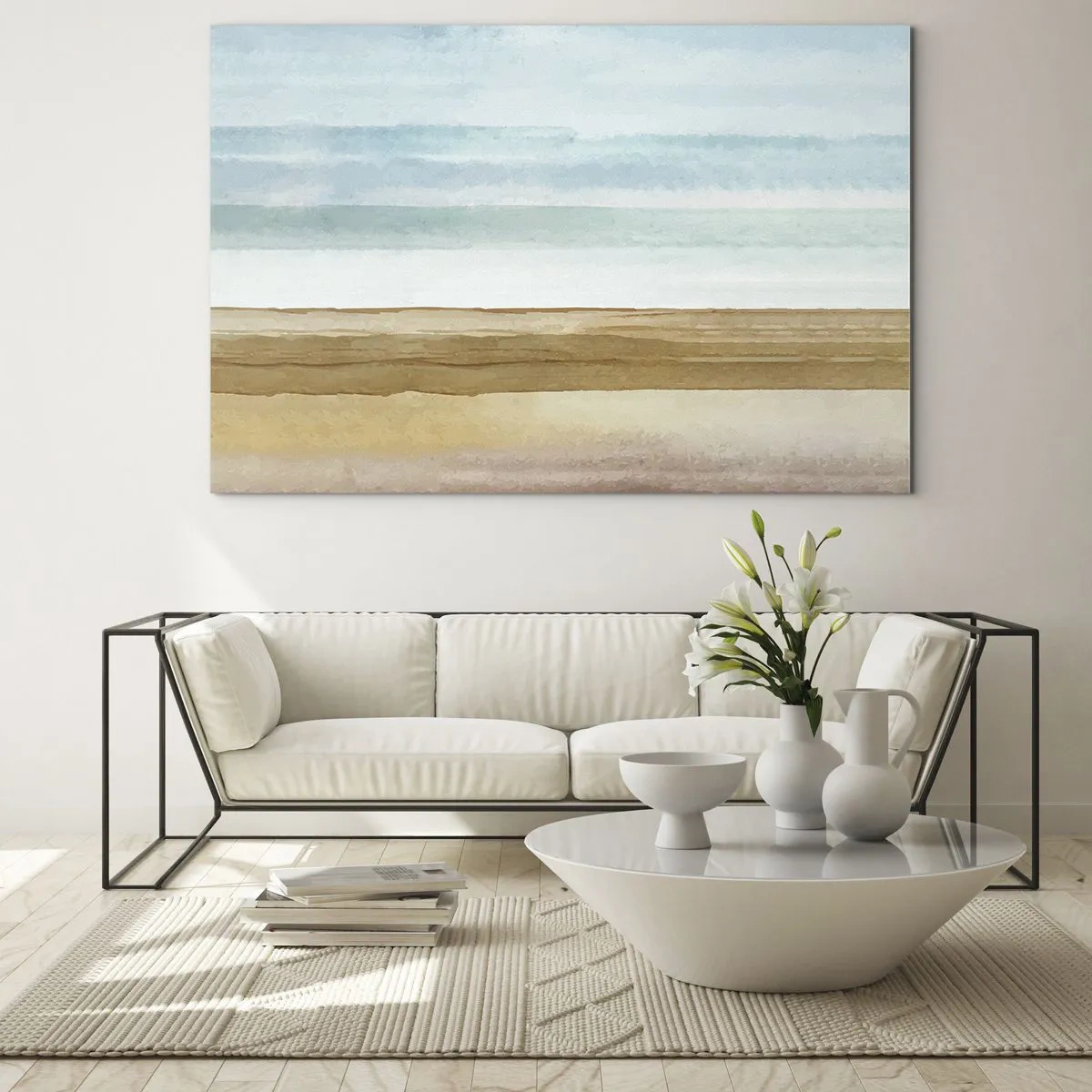 Glasbild - Bild auf glas - Ein minimalistischer Strand im pastellfarbenen Aquarellstil - 70x50cm - Trost - Moderne Wanddekoration für Wohnzimmer und Schlafzimmer ARTTOR
