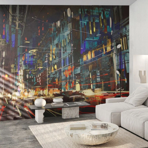 Fototapete Premium Canvas - Abendlicher Straßentrubel - Stadt, Die Architektur, Nachtleben - 300x210 cm