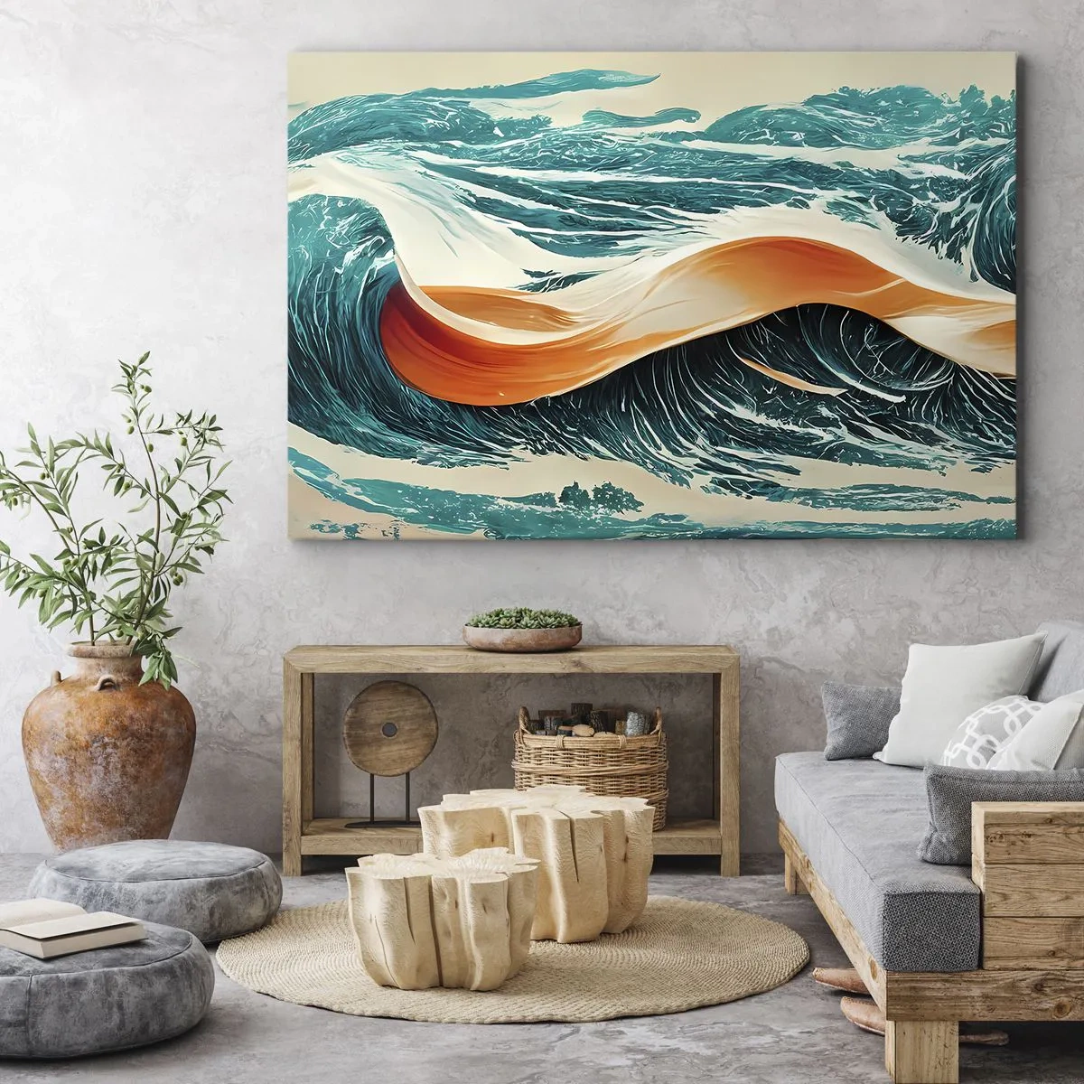 Bild auf Leinwand - Leinwandbild - Dynamische Meereswellen mit abstraktem Band - 70x50cm - Traum eines Surfers - Moderne Wanddekoration für Wohnzimmer und Schlafzimmer ARTTOR