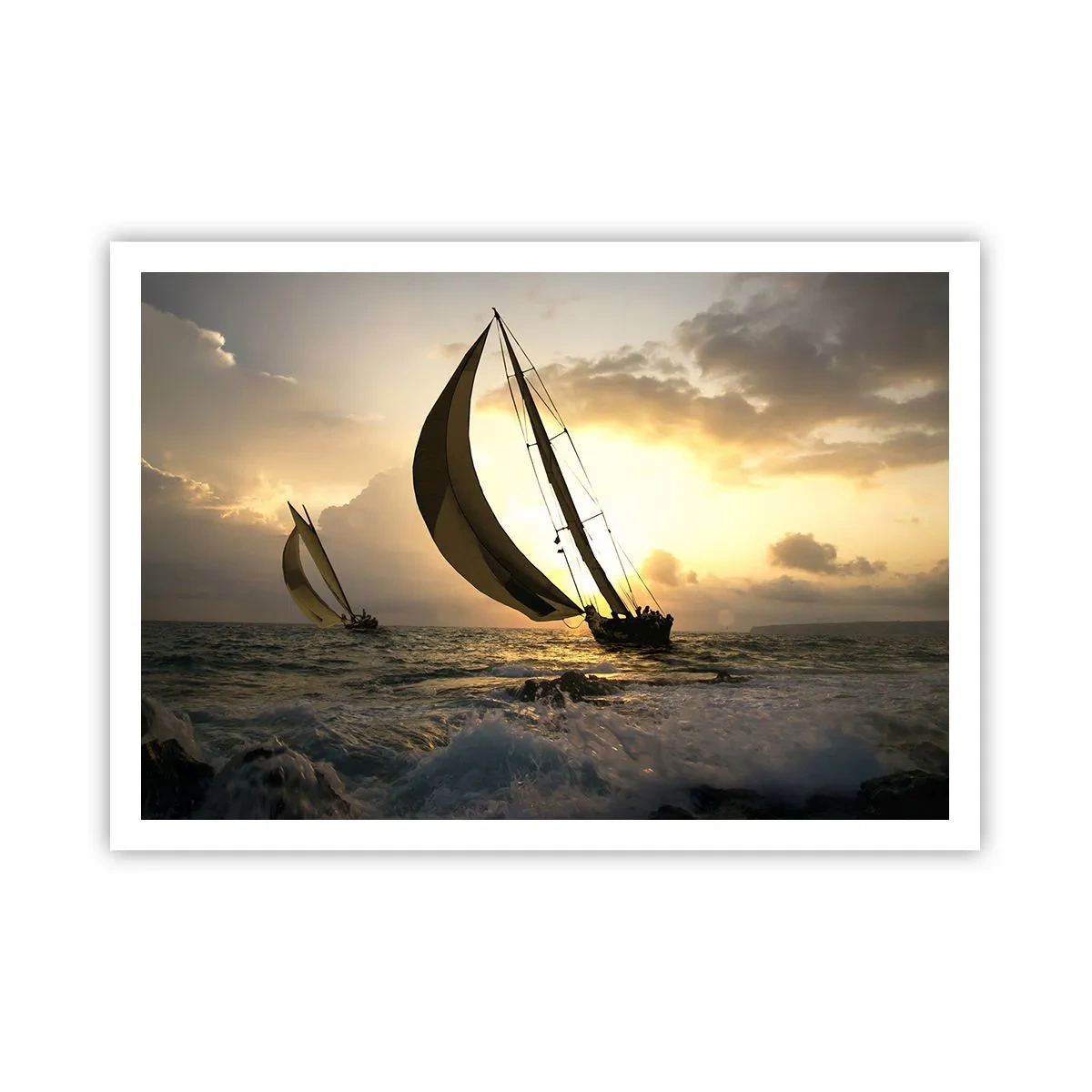 Poster - Segelboote auf See bei Sonnenuntergang - 100x70cm - Mit dem Wind und gegen den Wind - Moderne Wanddekoration für Wohnzimmer und Schlafzimmer ARTTOR