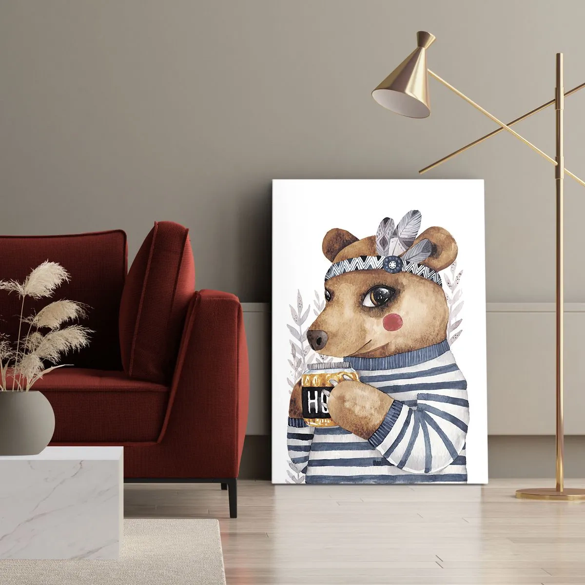 Bild auf Leinwand - Leinwandbild - Ein Teddybär im gestreiften Pullover mit einer Tasse Honig - 70x100cm - Süße Bärin - Moderne Wanddekoration für Wohnzimmer und Schlafzimmer ARTTOR