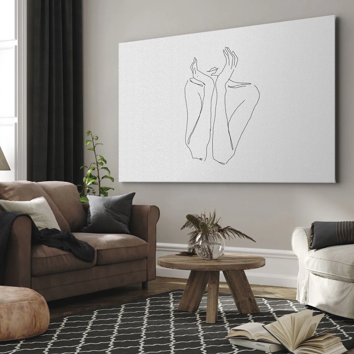 Bild auf Leinwand - Leinwandbild - Minimalistische Strichzeichnung von Gesicht und Händen - 120x80cm - Wovon Mädchen träumen - Moderne Wanddekoration für Wohnzimmer und Schlafzimmer ARTTOR