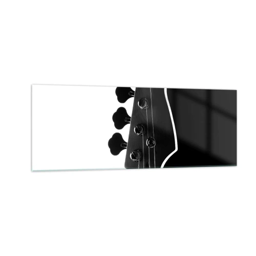 Glasbild - Bild auf glas - Schwarz-weiße Silhouette einer Bassgitarren-Kopfplatte - 140x50cm - Rockige Stille - Moderne Wanddekoration für Wohnzimmer und Schlafzimmer ARTTOR