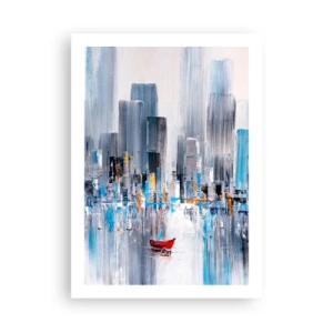 Poster - Ein abstraktes Gemälde, das die Skyline einer Stadt über dem Wasser mit einem roten Boot zeigt. - 50x70cm - Metropole an der Bucht - Moderne Wanddekoration für Wohnzimmer und Schlafzimmer ARTTOR