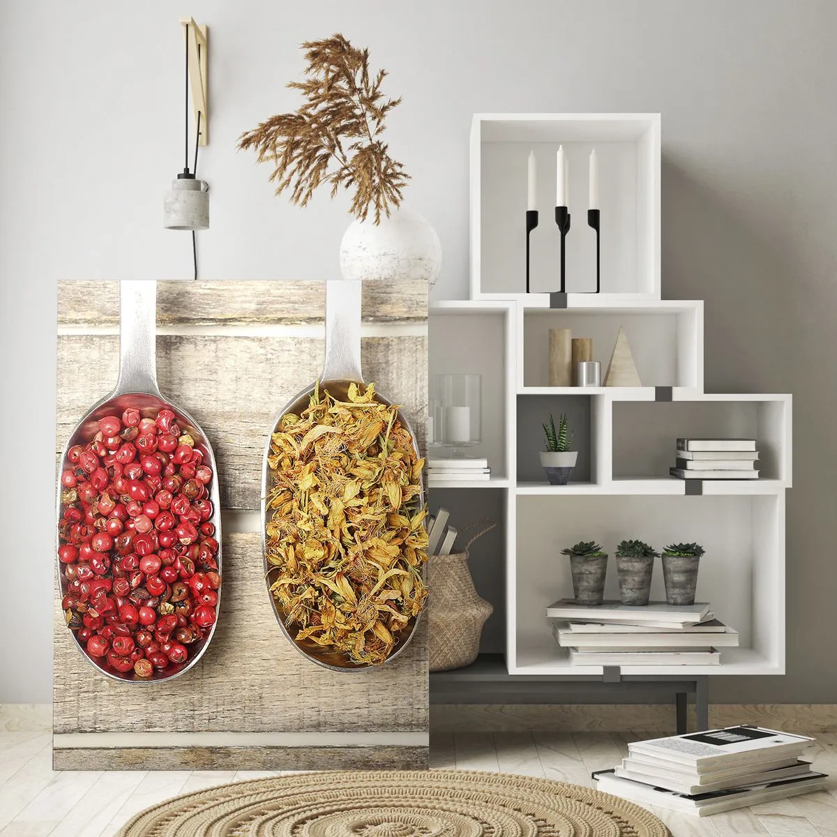 Glasbild - Bild auf glas - Drei Metalllöffel mit Gewürzen auf einem hölzernen Hintergrund - 70x100cm - Küchenzauber - Moderne Wanddekoration für Wohnzimmer und Schlafzimmer ARTTOR