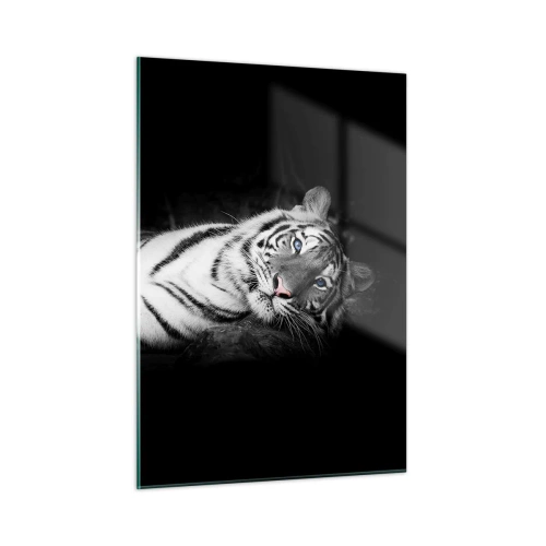 Glasbild - Bild auf glas - Ein weißer Tiger mit blauen Augen in einer schwarz-weißen Umgebung - 50x70cm - Wildnis und Frieden - Moderne Wanddekoration für Wohnzimmer und Schlafzimmer ARTTOR