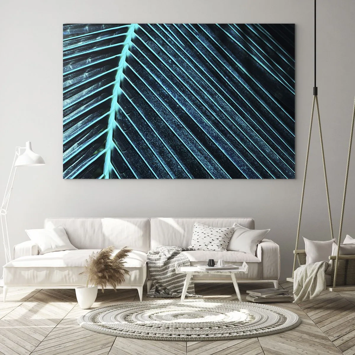 Glasbild - Bild auf glas - Makrofotografie eines Palmblattes in Türkistönen - 70x50cm - Grüne Textur - Moderne Wanddekoration für Wohnzimmer und Schlafzimmer ARTTOR