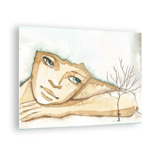 Glasbild - Bild auf glas - Eine subtile Figur einer Frau mit einem Baum vor einem Hintergrund aus Aquarellfarben - 70x50cm - Der Baum der Poesie wächst aus der Stille - Moderne Wanddekoration für Wohnzimmer und Schlafzimmer ARTTOR