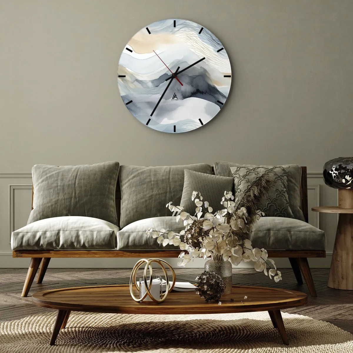 Wanduhr - Glasuhr - Abstrakte Landschaft in Blau- und Beigetönen - 30x30cm - Verschneite und neblige Abstraktion - Moderne Wanddekoration für Wohnzimmer, Küche und Schlafzimmer ARTTOR