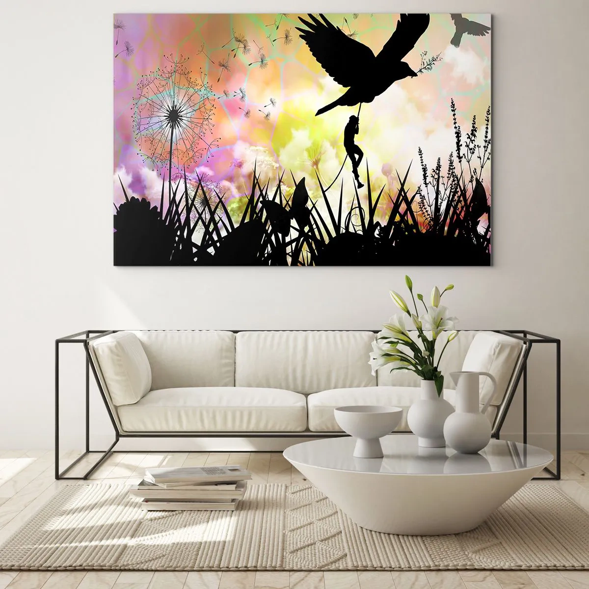 Glasbild - Bild auf glas - Illustration einer Figur, die vor einem Hintergrund aus bunten Blumen auf einen Vogel klettert. - 120x80cm - In märchenhafter Atmosphäre - Moderne Wanddekoration für Wohnzimmer und Schlafzimmer ARTTOR