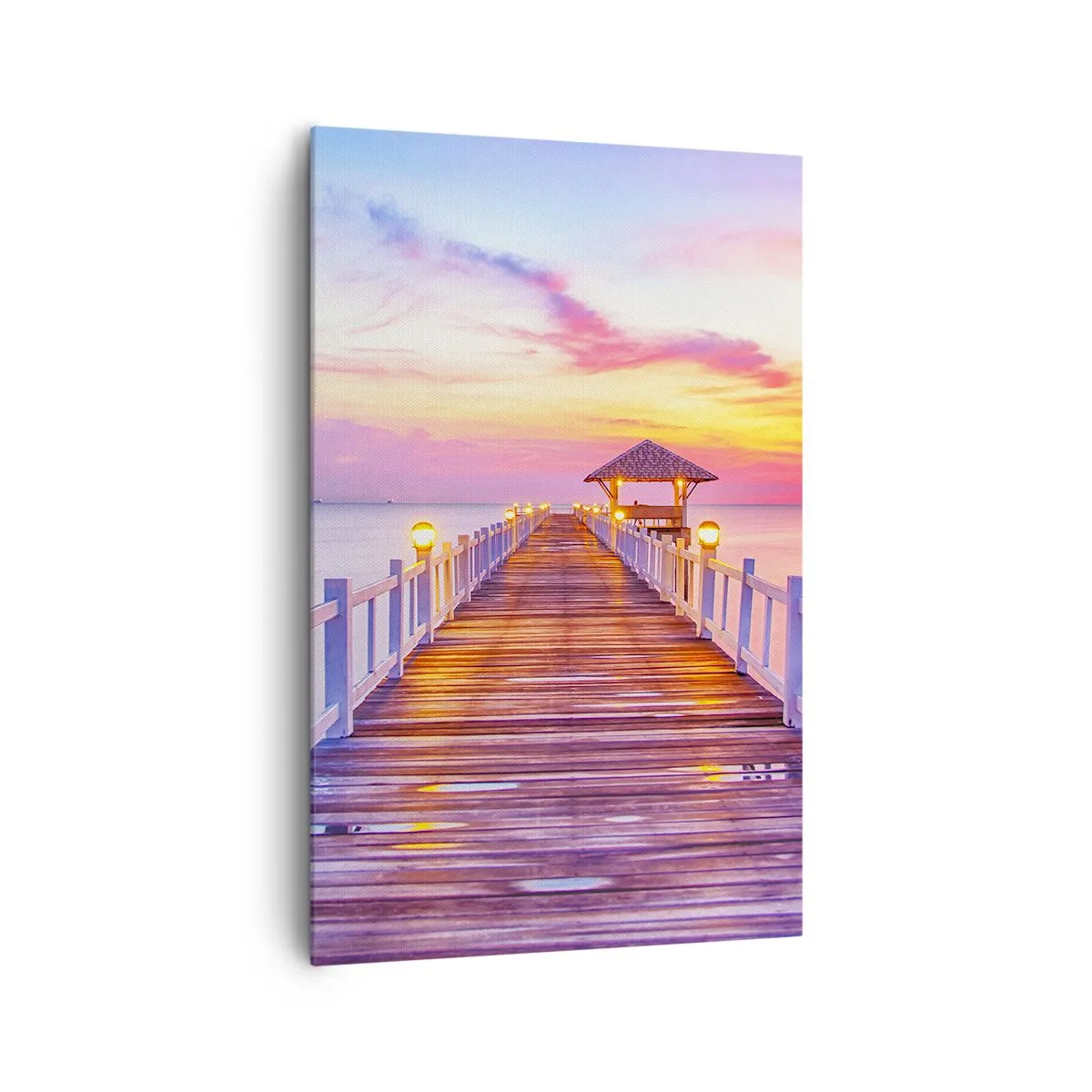 Bild auf Leinwand - Leinwandbild - Ein Pier über dem Wasser bei Sonnenuntergang in Pastellfarben - 80x120cm - Die lila-goldene Stille des Abends - Moderne Wanddekoration für Wohnzimmer und Schlafzimmer ARTTOR