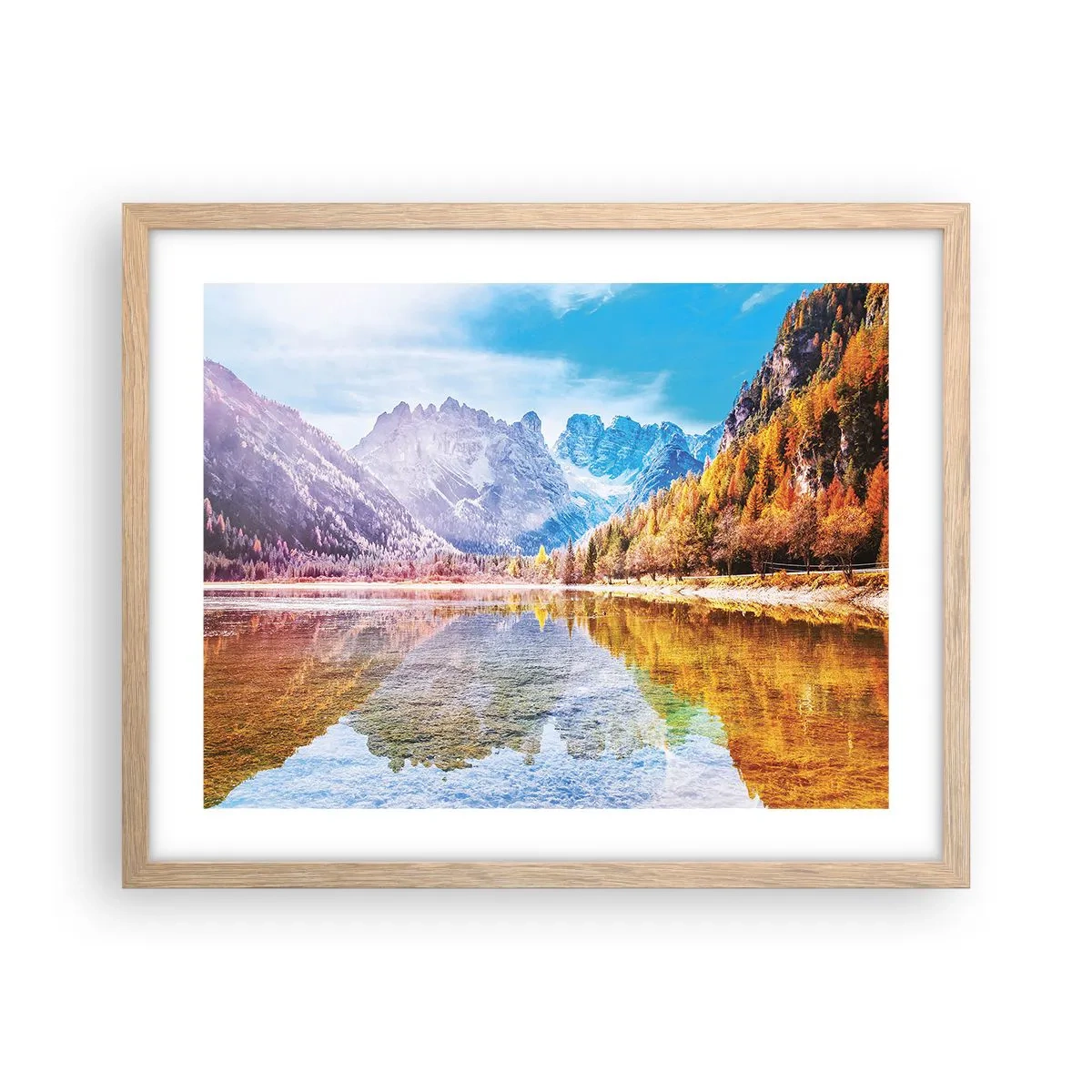 Poster in einem Rahmen aus heller Eiche - Und in den Bergen ist es schon Herbst - 50x40 cm