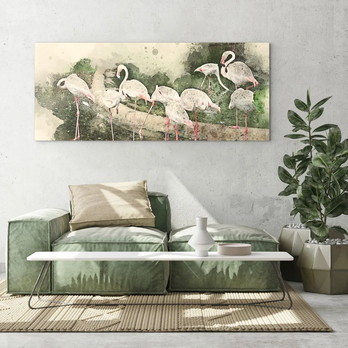 Glasbild - Bild auf glas - Flamingos in ihrer natürlichen Umgebung im Aquarellstil - 120x50cm - Exotischer Traum - Moderne Wanddekoration für Wohnzimmer und Schlafzimmer ARTTOR