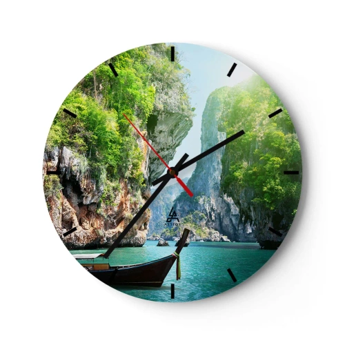 Wanduhr - Glasuhr - Tropische Bucht mit einem Boot vor den Felsen - 30x30cm - Eine Einladung zu einer exotischen Reise - Moderne Wanddekoration für Wohnzimmer, Küche und Schlafzimmer ARTTOR
