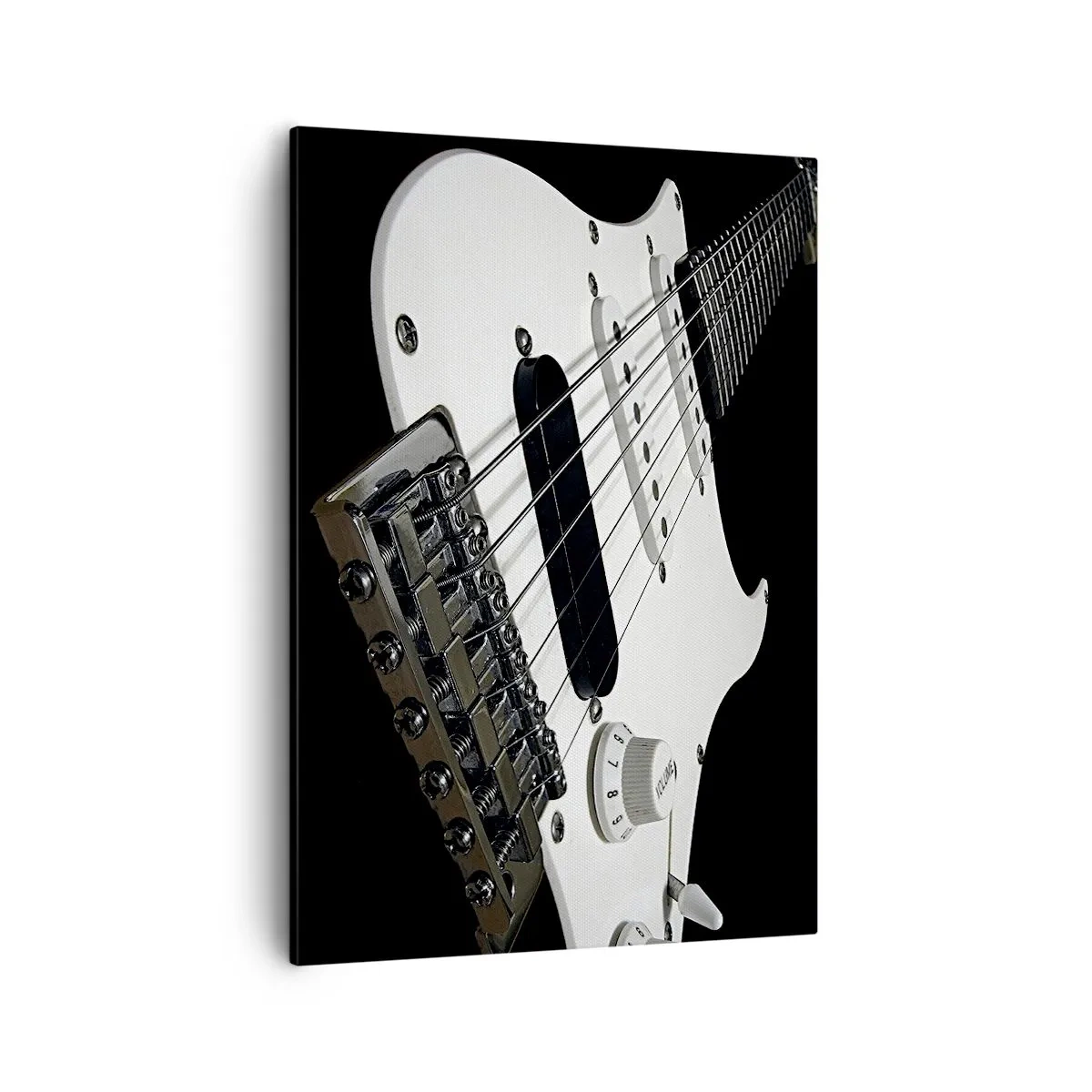 Bild auf Leinwand - Leinwandbild - Nahaufnahme einer weißen E-Gitarre auf schwarzem Hintergrund. - 50x70cm - In Weiß versteckter Ton - Moderne Wanddekoration für Wohnzimmer und Schlafzimmer ARTTOR