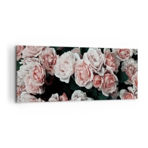 Bild auf Leinwand - Leinwandbild - Rosa Rosen auf dunklem Hintergrund in einer subtilen Komposition - 120x50cm - Rosen-Ensemble - Moderne Wanddekoration für Wohnzimmer und Schlafzimmer ARTTOR