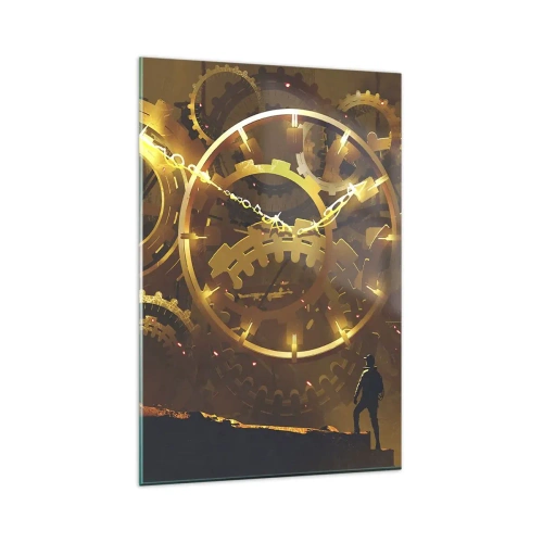 Glasbild - Bild auf glas - Goldene Zahnräder in einer surrealen Umgebung mit einer Figur - 80x120cm - An der Quelle der Zeit - Moderne Wanddekoration für Wohnzimmer und Schlafzimmer ARTTOR
