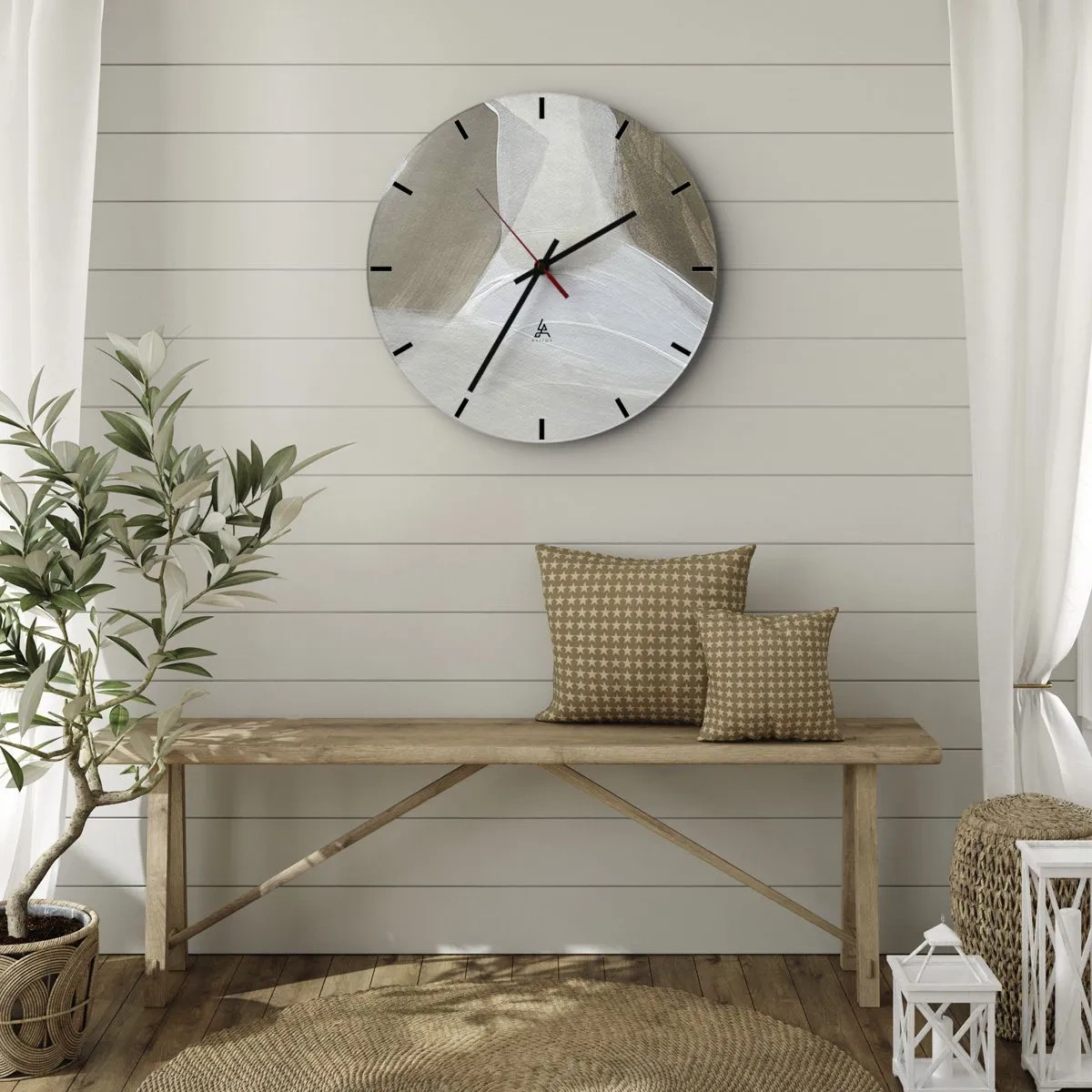 Wanduhr - Glasuhr - Eine helle Abstraktion mit weißen und beigen Strichen auf grauem Hintergrund. - 30x30cm - Welle aus Weiß - Moderne Wanddekoration für Wohnzimmer, Küche und Schlafzimmer ARTTOR